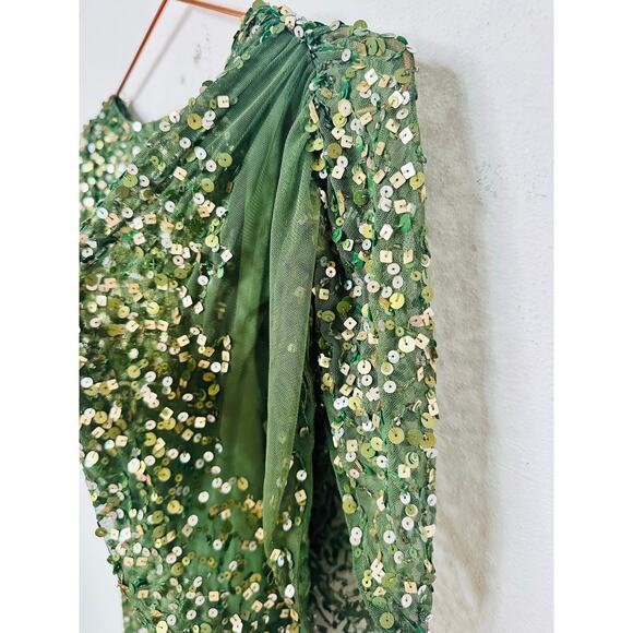 MAC DUGGAL Green Sequin Draped Sleeve V-Neck Elegant Midi Gown Dress size 4 - Picture 5 of 15